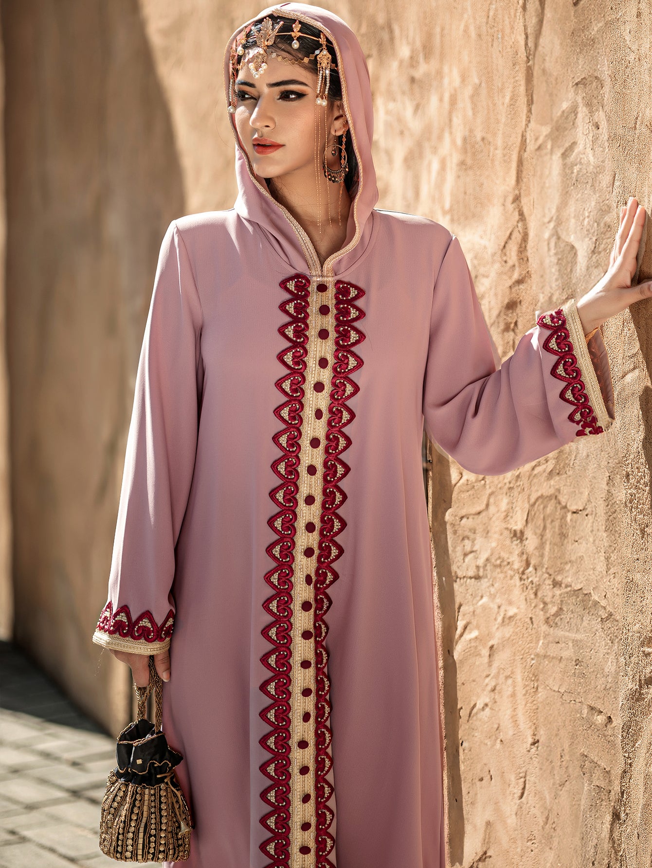 4052 Middle Eastern Style Pink Hooded Embroidered Maxi Dress - Elegant Red Beige Decorated Long Gown