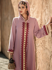 4052 Middle Eastern Style Pink Hooded Embroidered Maxi Dress - Elegant Red Beige Decorated Long Gown