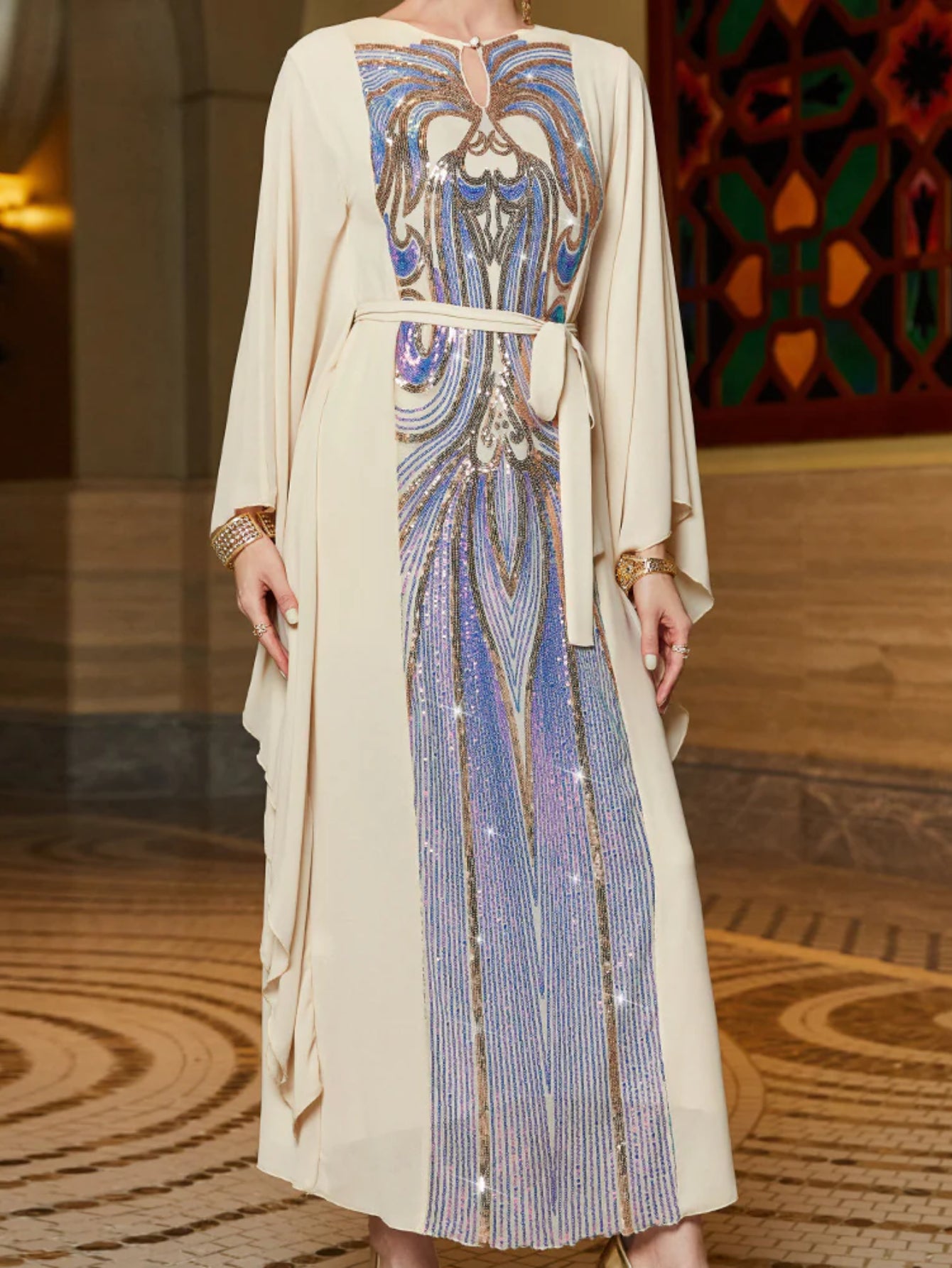 BA019 Beige Symphony Butterfly Sleeve Dress, Arabian Long Dress Middle East Women's Clothing