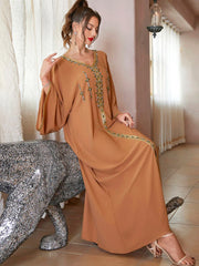 BA7061 Khaki Hand Stitched Diamond Middle East South East Asia Travel Sleeve Dress, Robe abaya