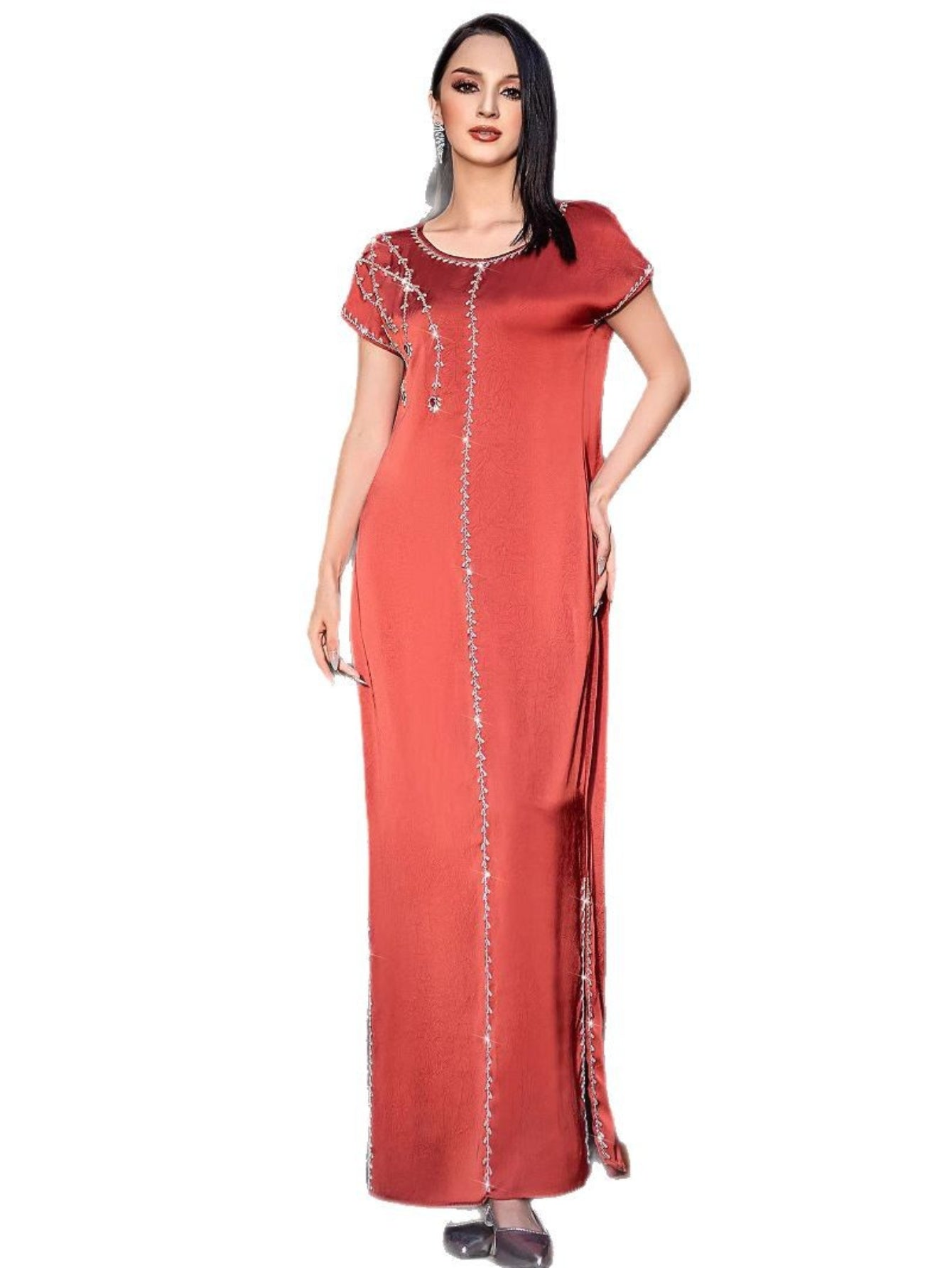 15234 Fashion Middle Eastern acetic acid surface embossed handmade nail drill dress long dress trendy robe