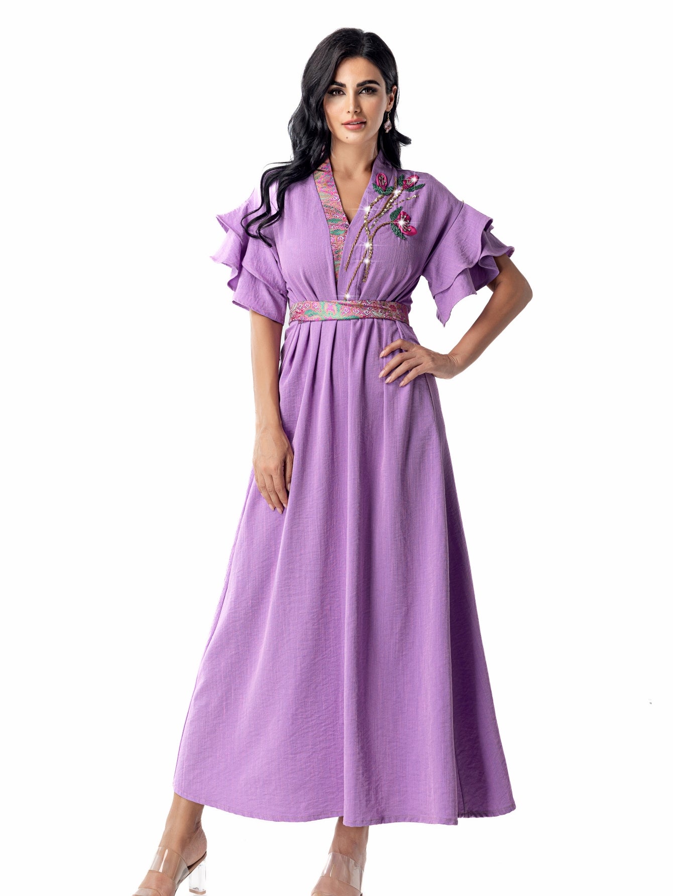 5110 abaya robe dress, floral beads shine, lotus leaf sleeves with waist design, a must for parties