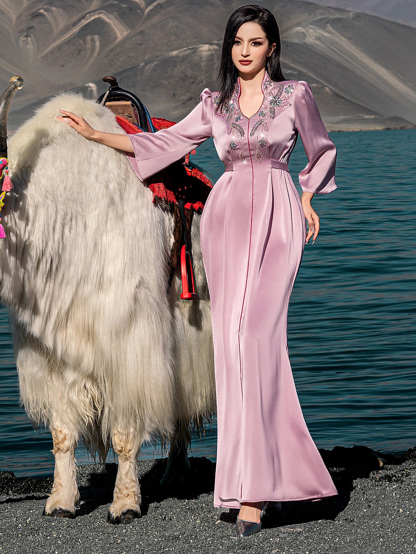 5197Silk Gown with Crystal Embroidery | Lavender Bohemian Dress for Slimming Evening Elegance