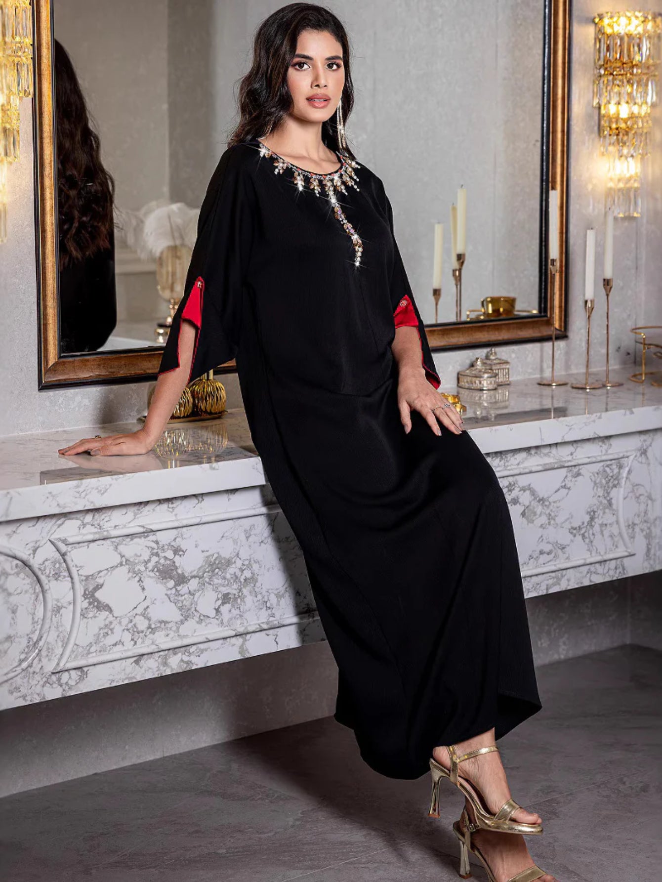 15176 new contrasting color medium-sleeved robe hand-sewn diamond elegant dress