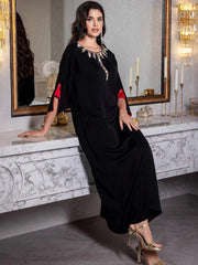 15176 new contrasting color medium-sleeved robe hand-sewn diamond elegant dress
