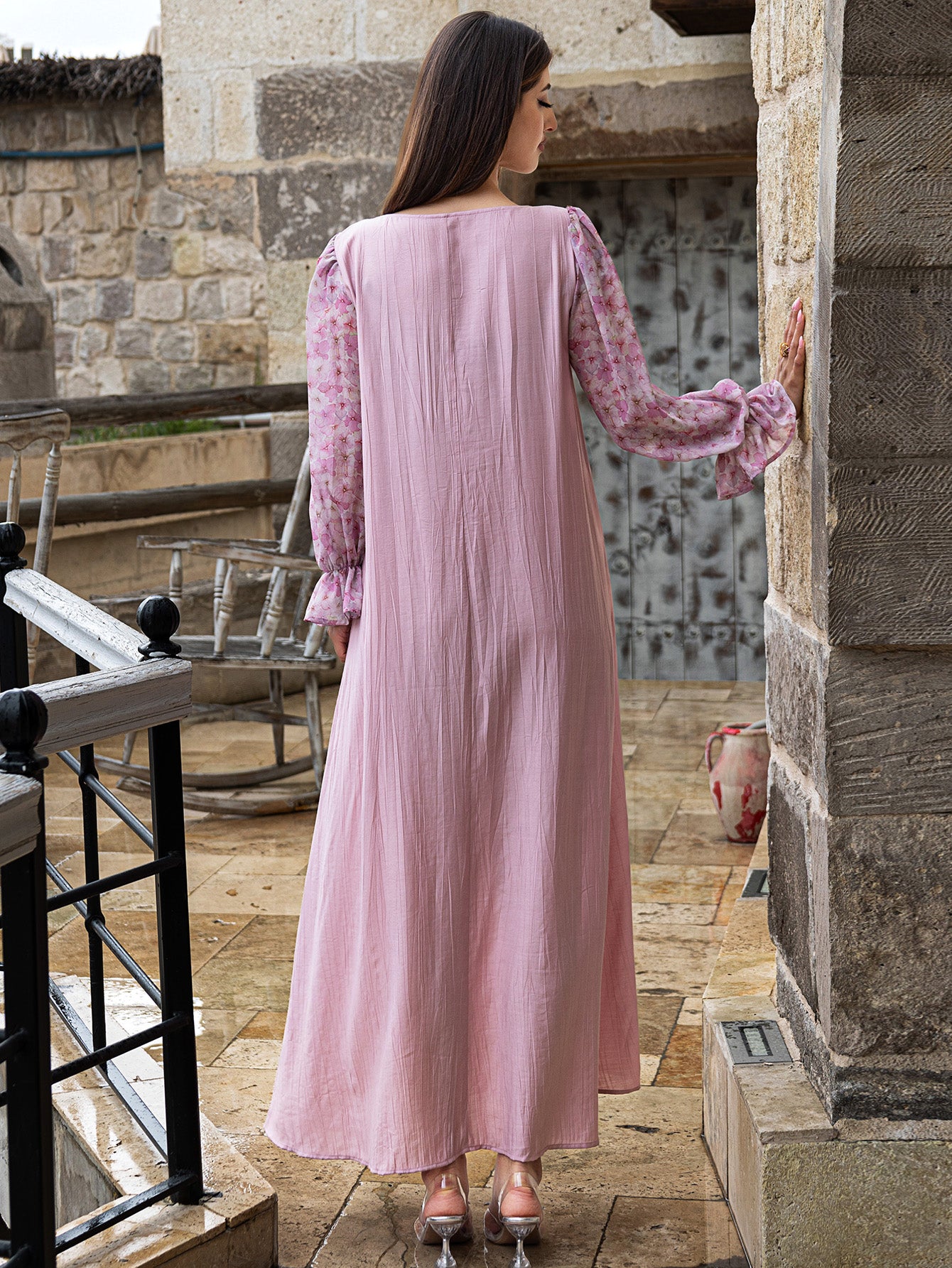 15014 high-end glass-inlaid diamond women's clothing splicing chiffon lantern sleeve A-shaped long dress