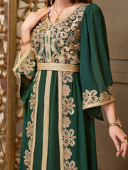 4118 Middle Eastern Style Dark Green Gold Floral Embroidered Bell Sleeves Belted Pseudotwo-Piece Maxi Dress - Elegant Ornate Decorated Gown
