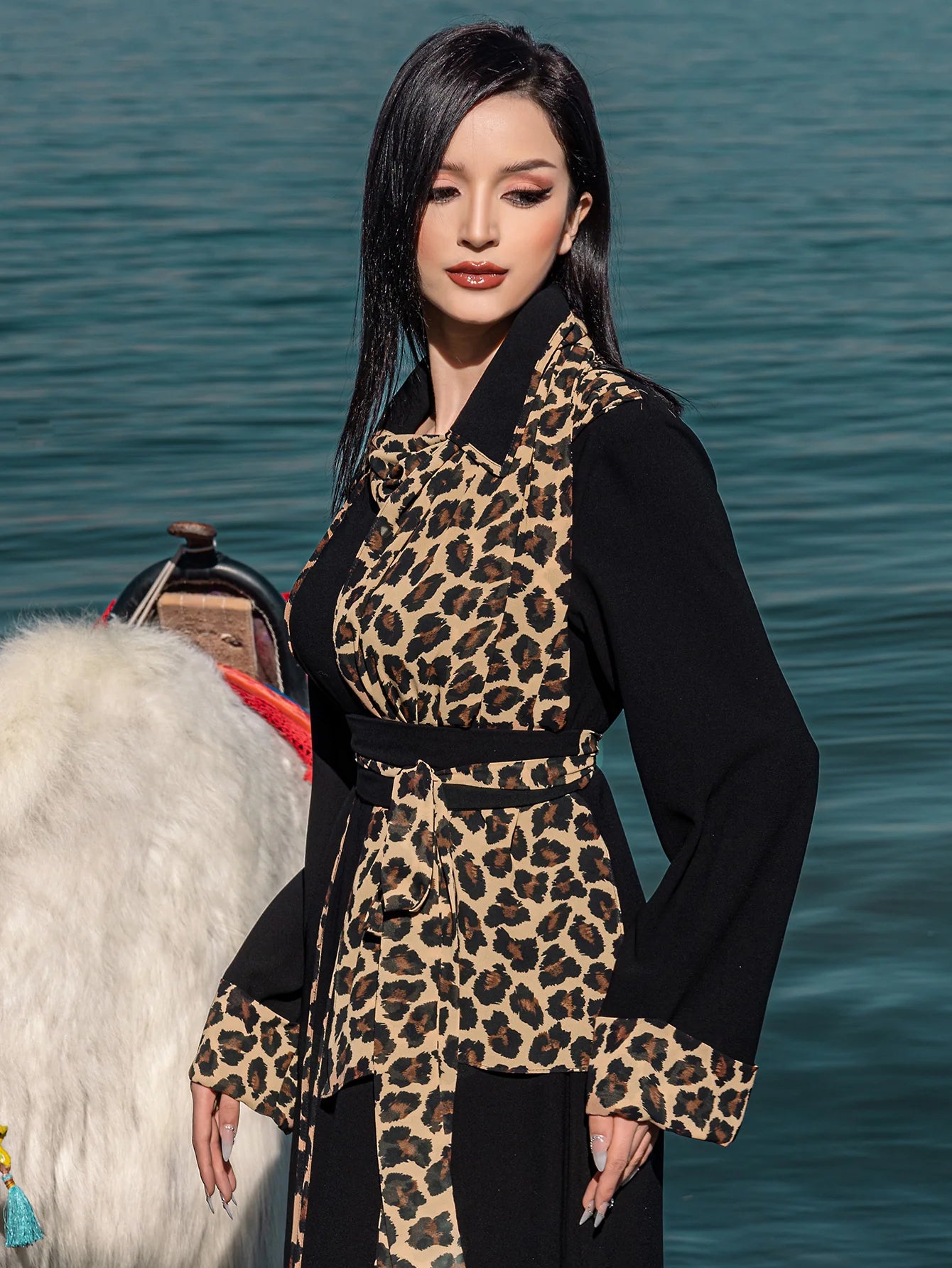 15237 Leopard print small square collar fashion casual design dress cross-border Middle East spot robe