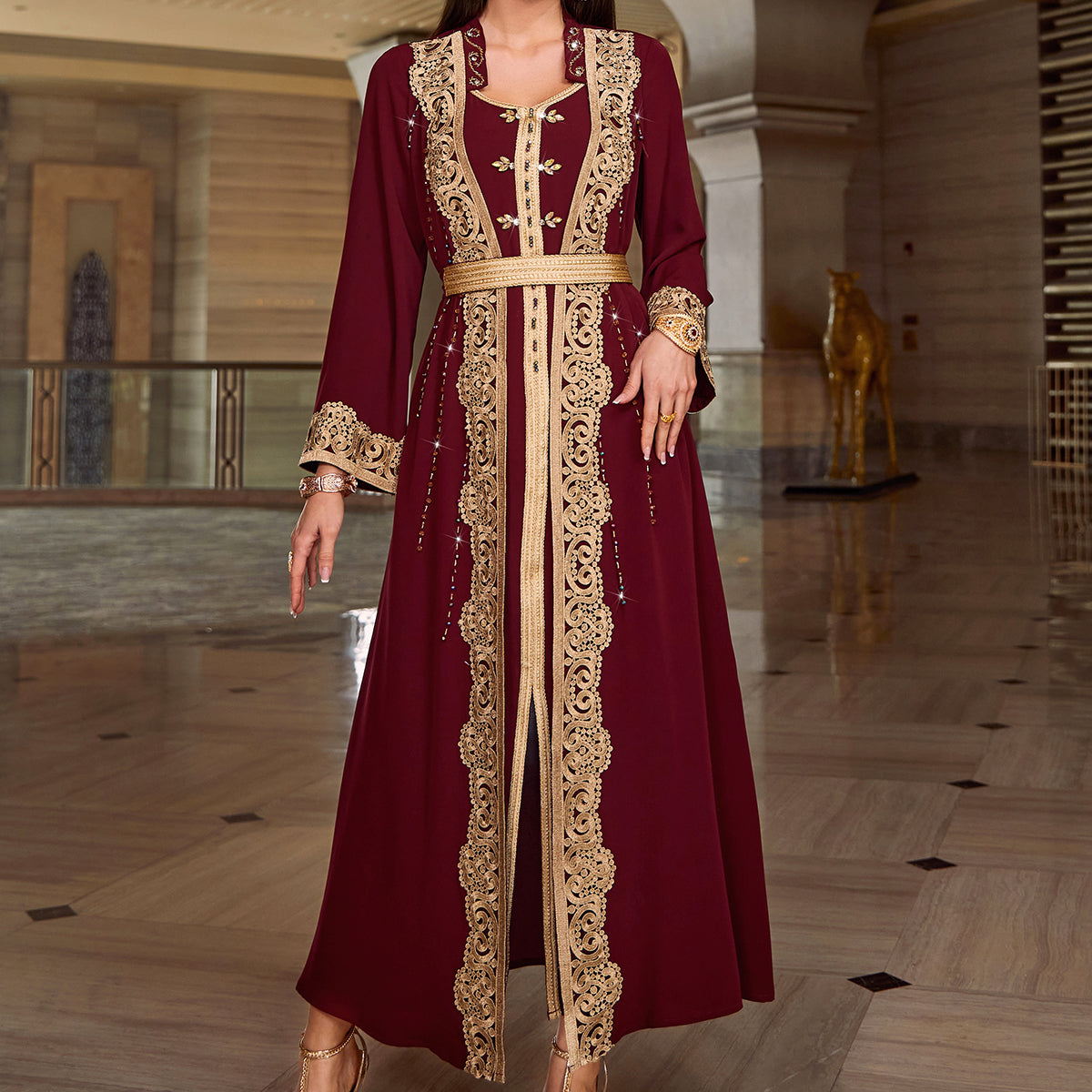 4023 Middle Eastern Style Burgundy Gold Embroidered Long Sleeve Maxi Dress - Elegant Lace-Trimmed Belted Gown