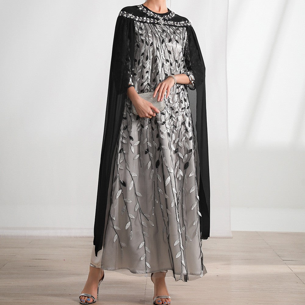 Leaf-Embroidered Mesh Cape Dress