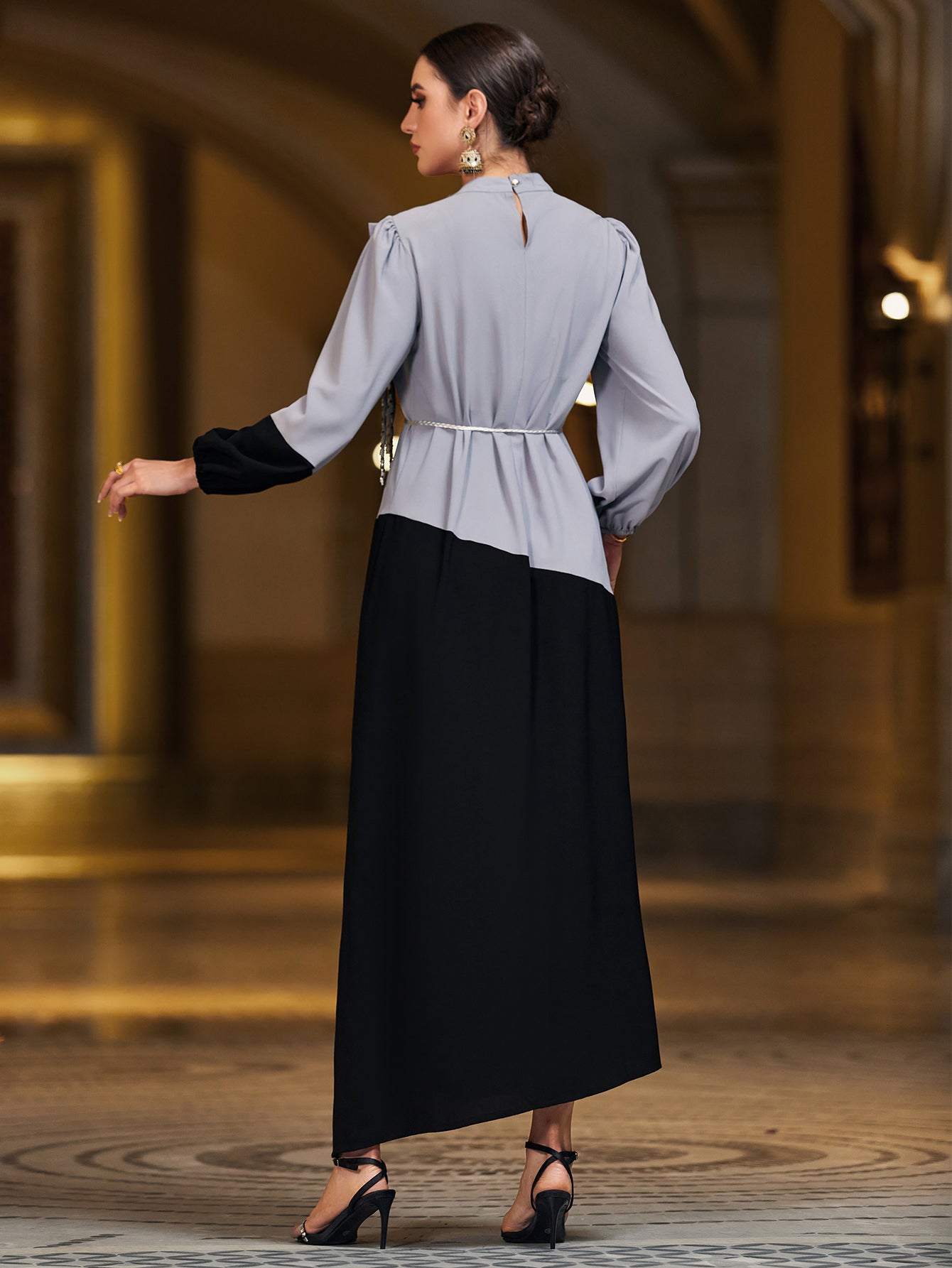 4071 Middle Eastern Style Grey Black Colorblock Sequin Embellished Puff Sleeve Maxi Dress - Elegant Belted Asymmetrical Gown