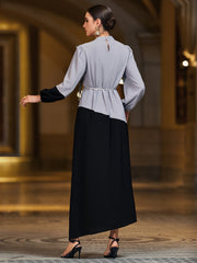 4071 Middle Eastern Style Grey Black Colorblock Sequin Embellished Puff Sleeve Maxi Dress - Elegant Belted Asymmetrical Gown