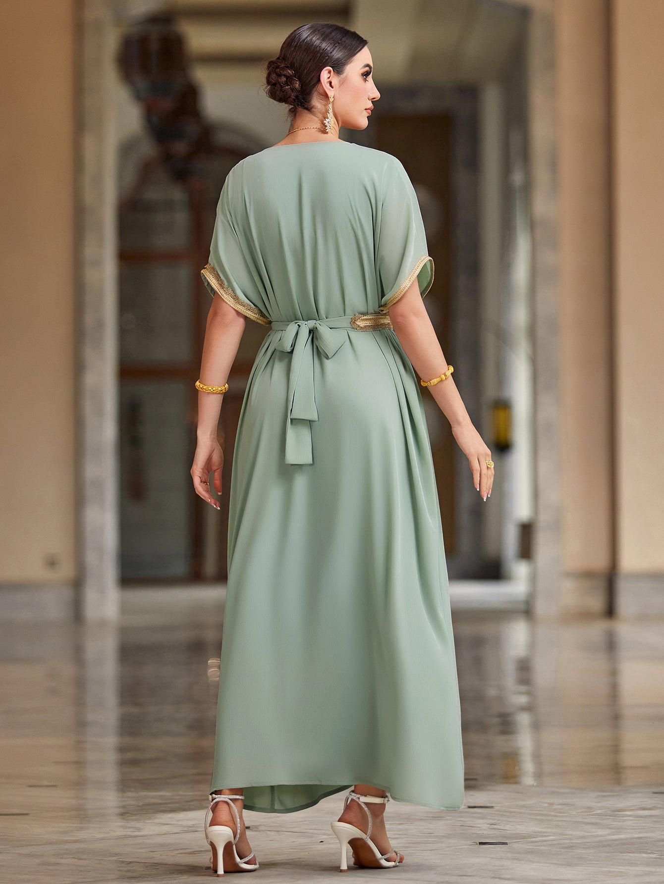 4033 Middle Eastern Style Light Green Gold-Embellished Short Sleeve Maxi Dress - Elegant Belted Slit Pseudotwo-Piece Gown