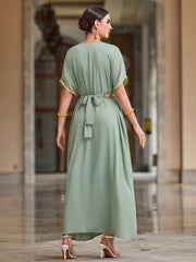 4033 Middle Eastern Style Light Green Gold-Embellished Short Sleeve Maxi Dress - Elegant Belted Slit Pseudotwo-Piece Gown