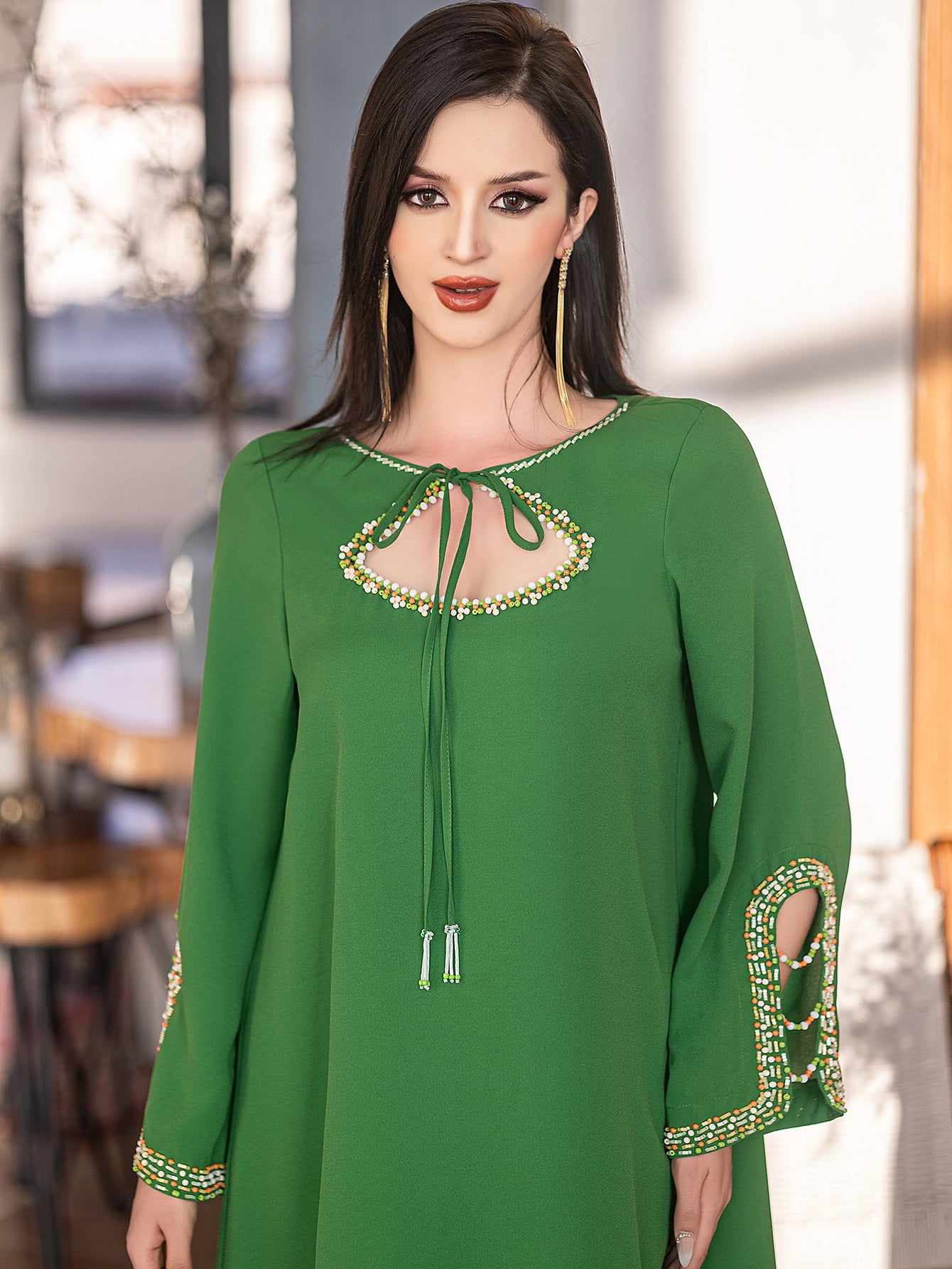 5205 Luxury Emerald Abaya | Hand-Beaded Neckline & Crystal-Trimmed Bell Sleeves