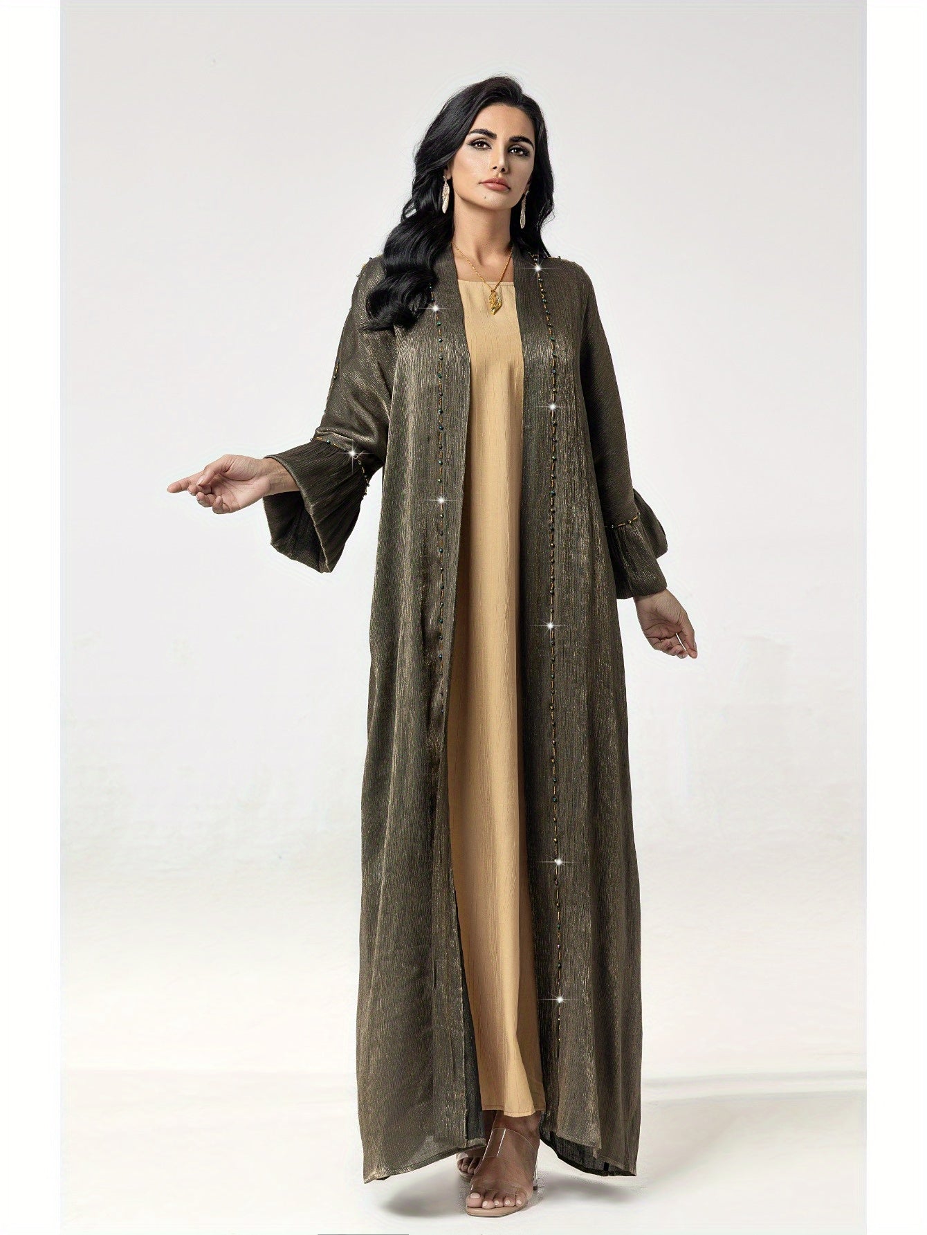 5099 metallic luster fabric abaya robe, bright rhinestone decoration, luxurious eye-catching, a must for parties