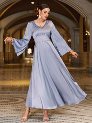 4063 Middle Eastern Style Light Blue Sequin-Embellished Flared Sleeve Maxi Dress - Elegant Sparkling Long Gown