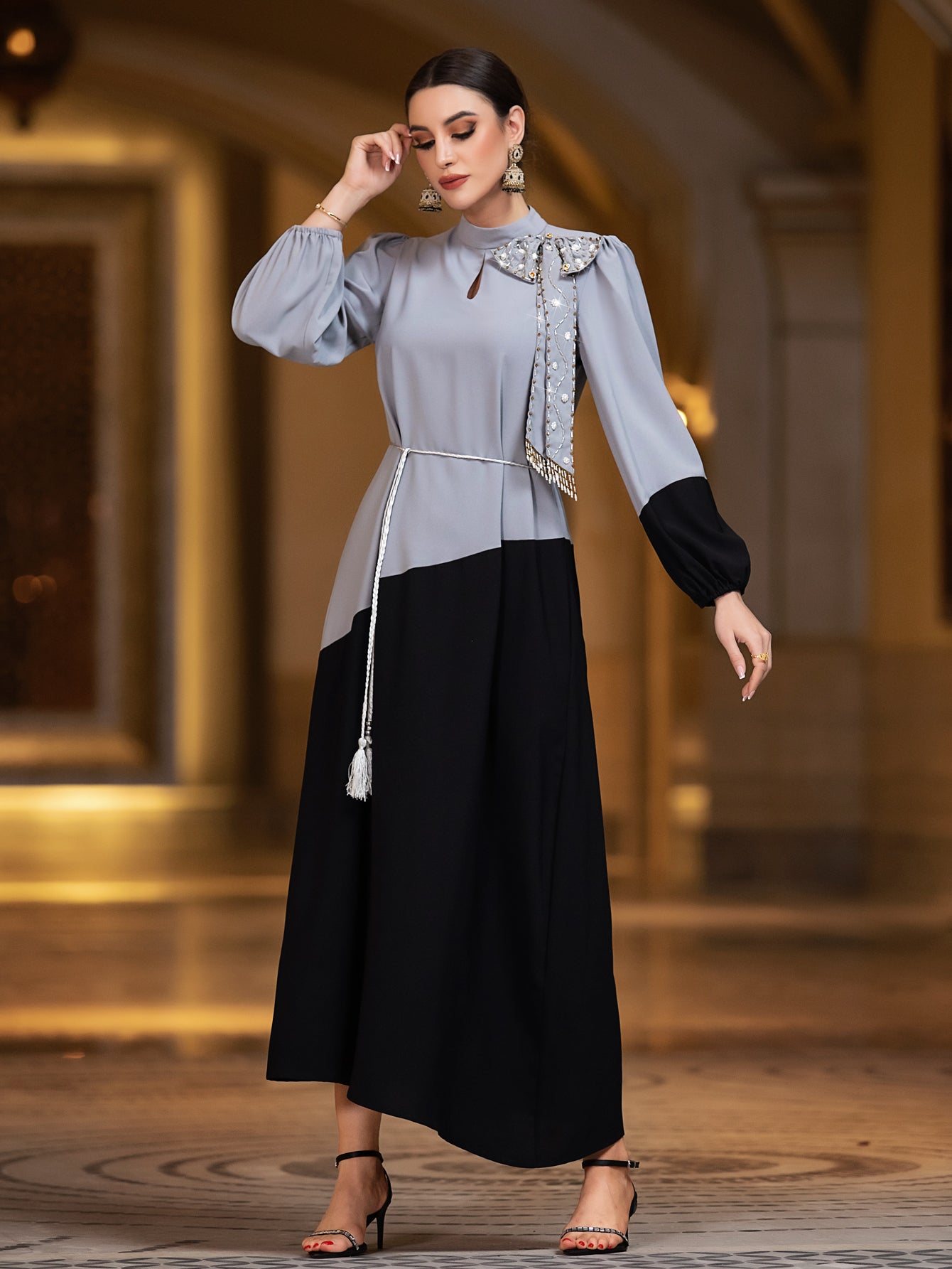 4071 Middle Eastern Style Grey Black Colorblock Sequin Embellished Puff Sleeve Maxi Dress - Elegant Belted Asymmetrical Gown