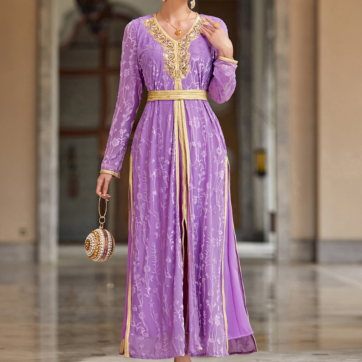 4031 Middle Eastern Style Purple Gold Embroidered Long Sleeve Maxi Dress - Elegant Belted Floral Pattern Gown