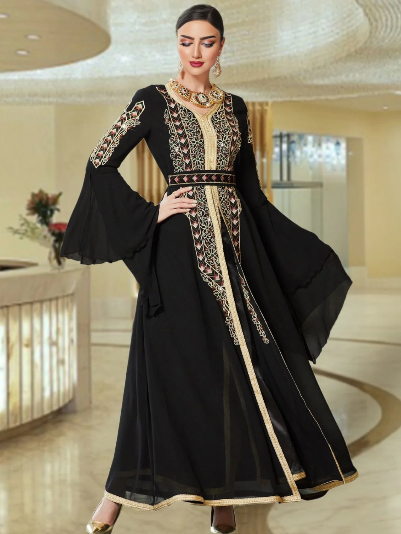 BA3024 Black Chiffon Splicing Heavy Industry Embroidery Flared Sleeve Long Dress Arab Party Robe