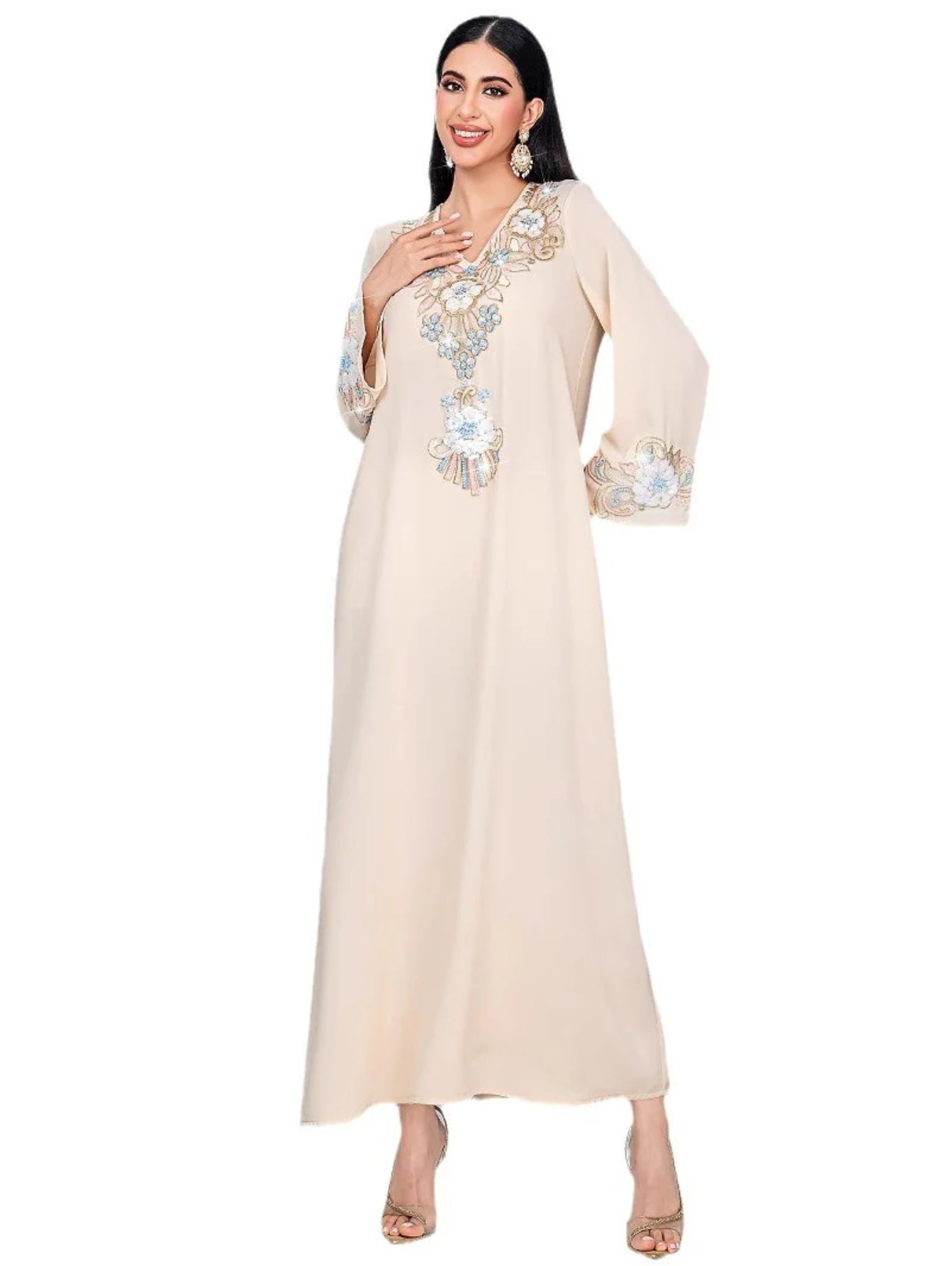 BA4120 apricot loose casual three-dimensional flower embroidered MUSILIN robe fashion dress