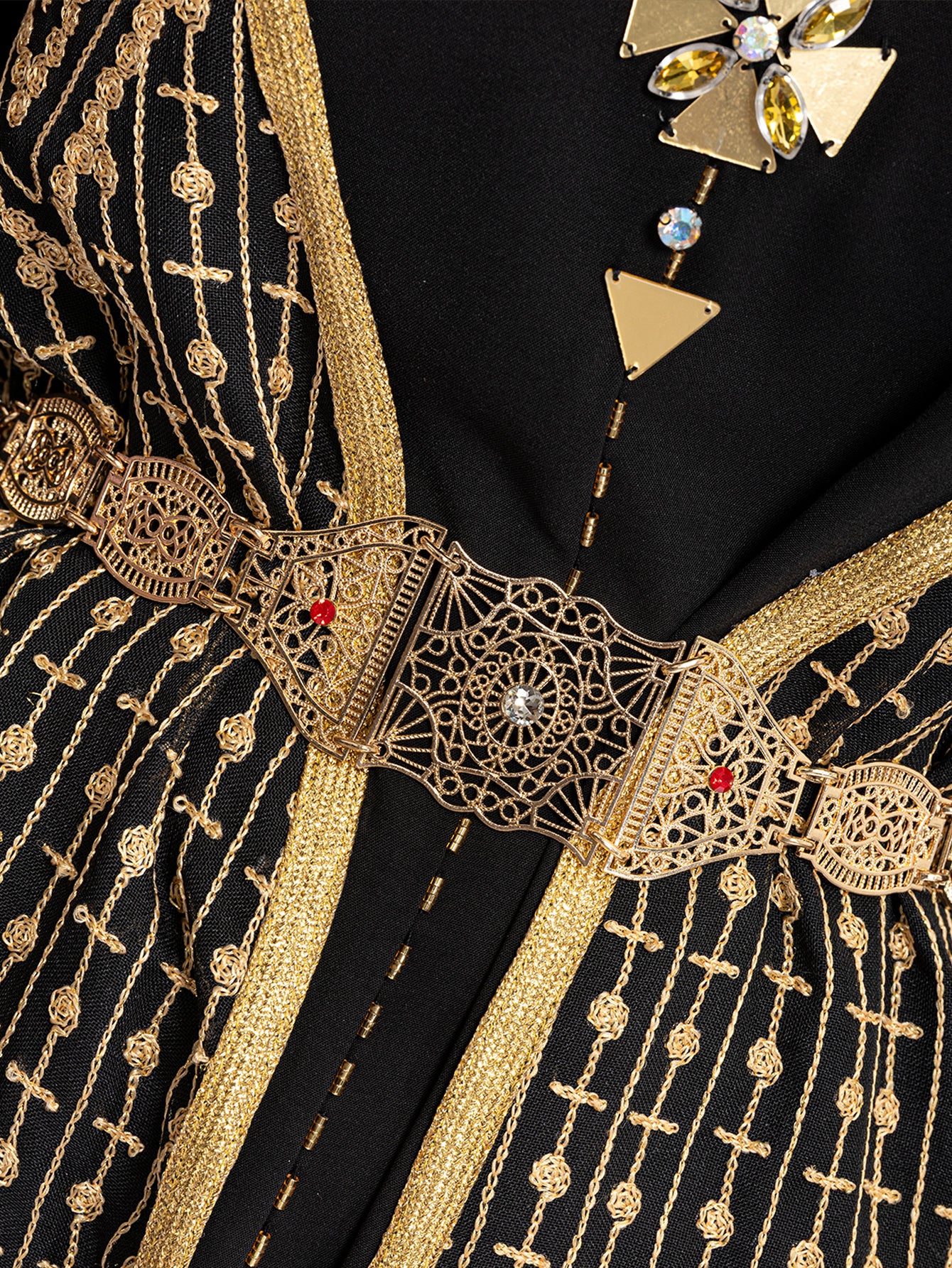 4036 Middle Eastern Style Black Gold Embroidered Pseudotwo-Piece Maxi Dress - Flared Sleeves Belted Elegant Gown