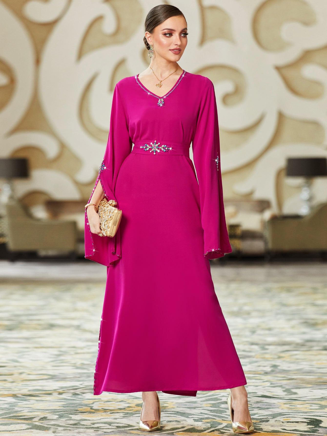 3068 rose red mid-east wind V-neck horn sleeve diamond slim dress