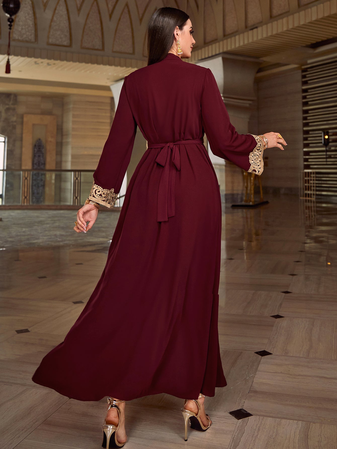 4023 Middle Eastern Style Burgundy Gold Embroidered Long Sleeve Maxi Dress - Elegant Lace-Trimmed Belted Gown