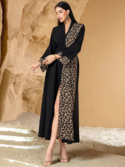 15146 Leopard print color matching dark V cardigan jacket with belt long, large size women's dress