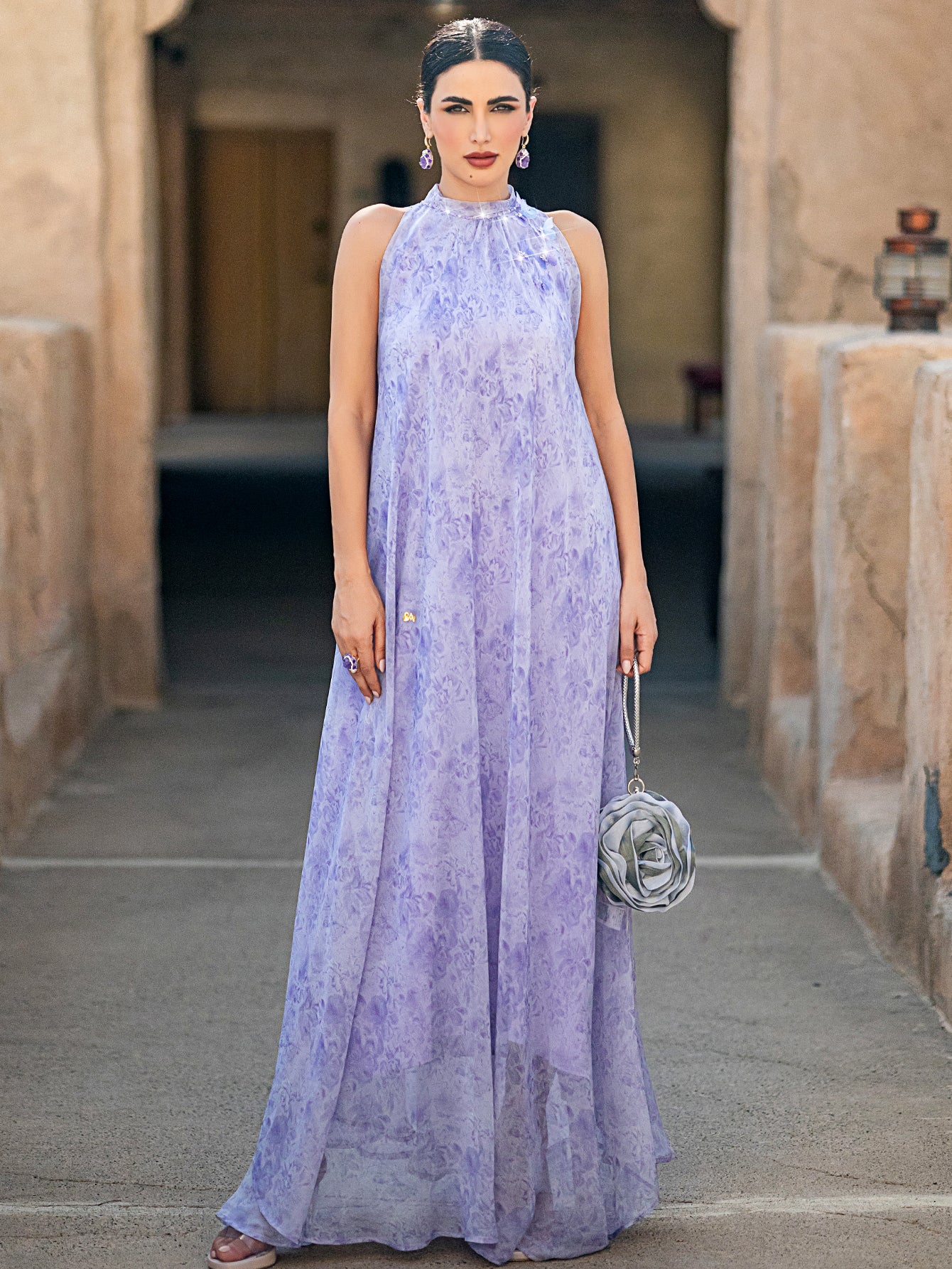5001 Embroidered Arab Abaya Dress | Lilac Sleeveless Maxi with Sheer Cascading Hem