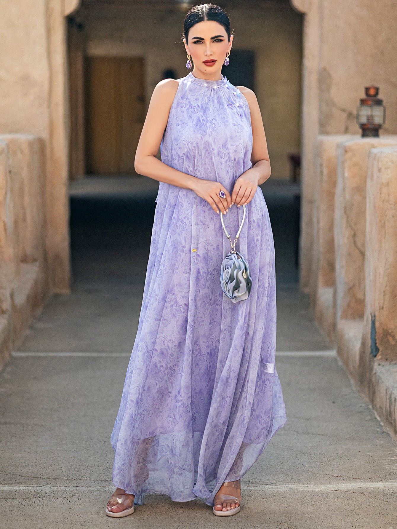 5001 Embroidered Arab Abaya Dress | Lilac Sleeveless Maxi with Sheer Cascading Hem