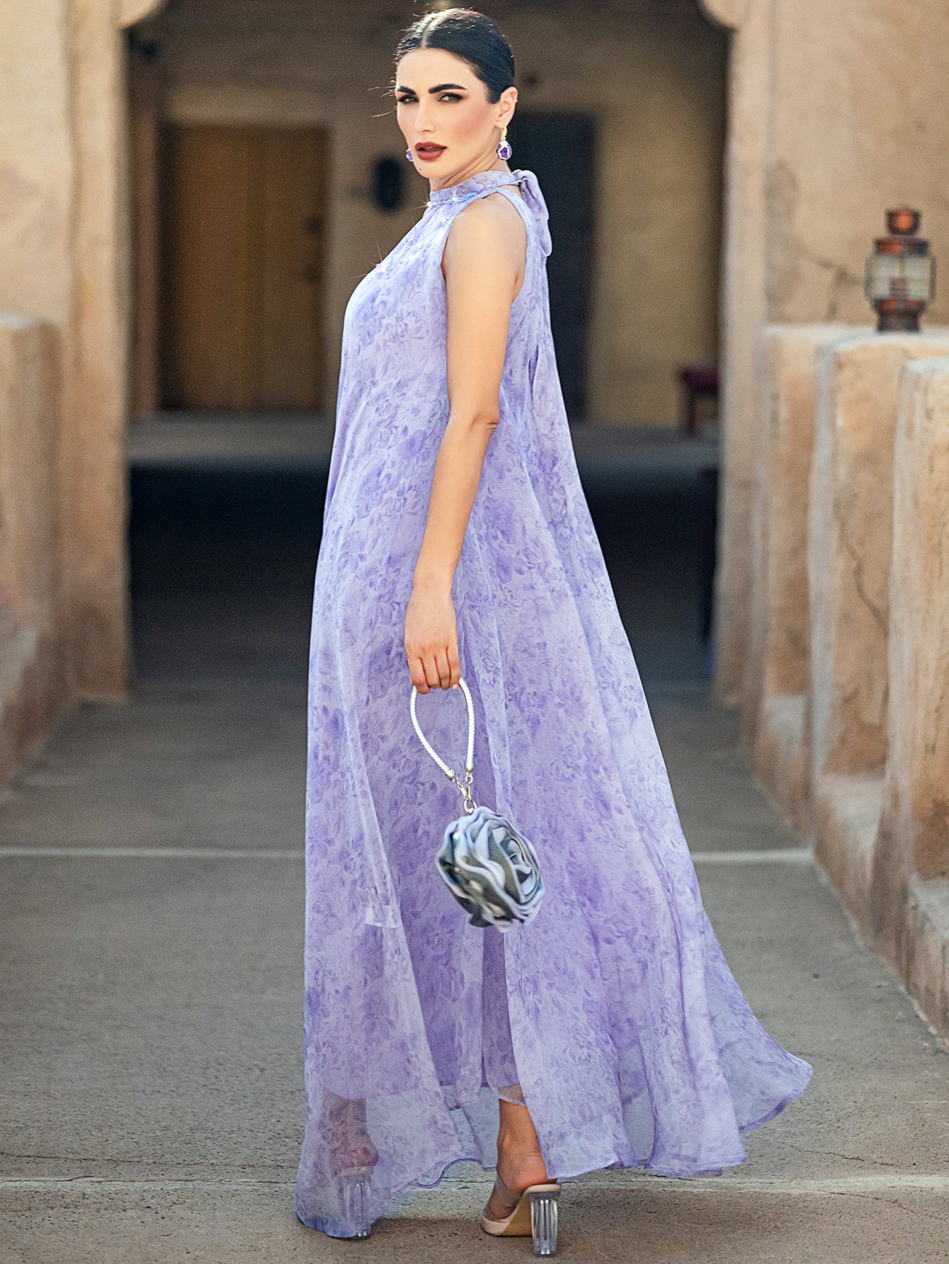 5001 Embroidered Arab Abaya Dress | Lilac Sleeveless Maxi with Sheer Cascading Hem