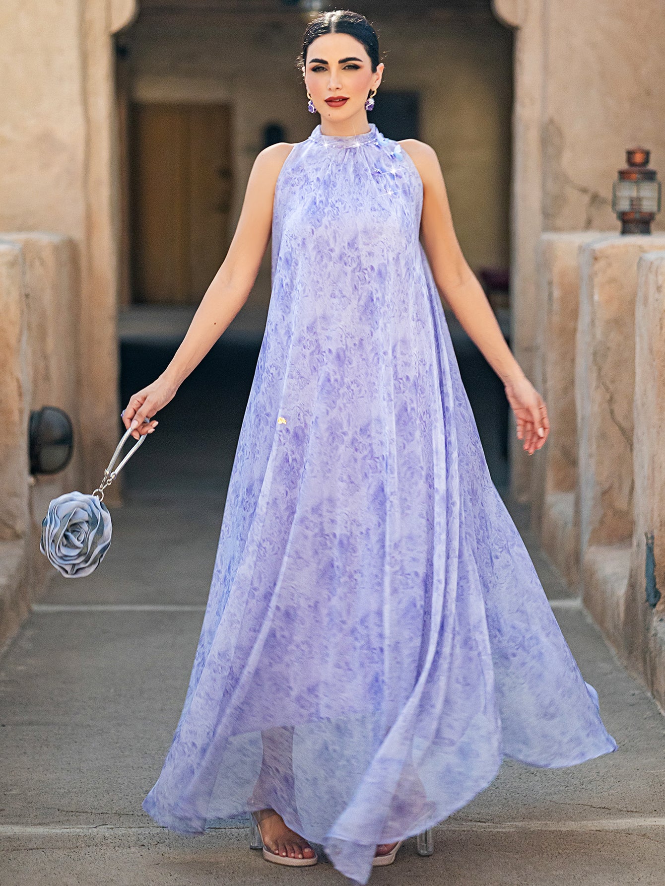 5001 Embroidered Arab Abaya Dress | Lilac Sleeveless Maxi with Sheer Cascading Hem