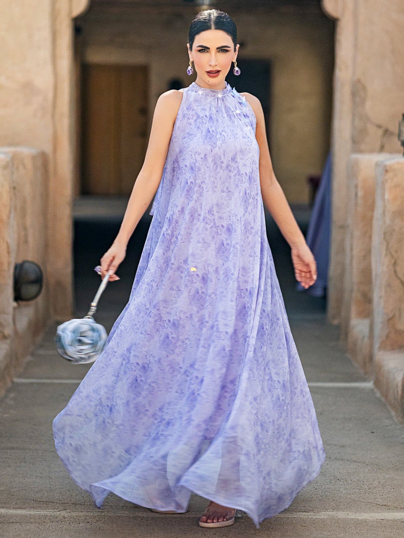 5001 Embroidered Arab Abaya Dress | Lilac Sleeveless Maxi with Sheer Cascading Hem