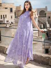 5001 Embroidered Arab Abaya Dress | Lilac Sleeveless Maxi with Sheer Cascading Hem