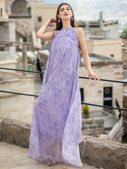 5001 Embroidered Arab Abaya Dress | Lilac Sleeveless Maxi with Sheer Cascading Hem