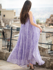 5001 Embroidered Arab Abaya Dress | Lilac Sleeveless Maxi with Sheer Cascading Hem