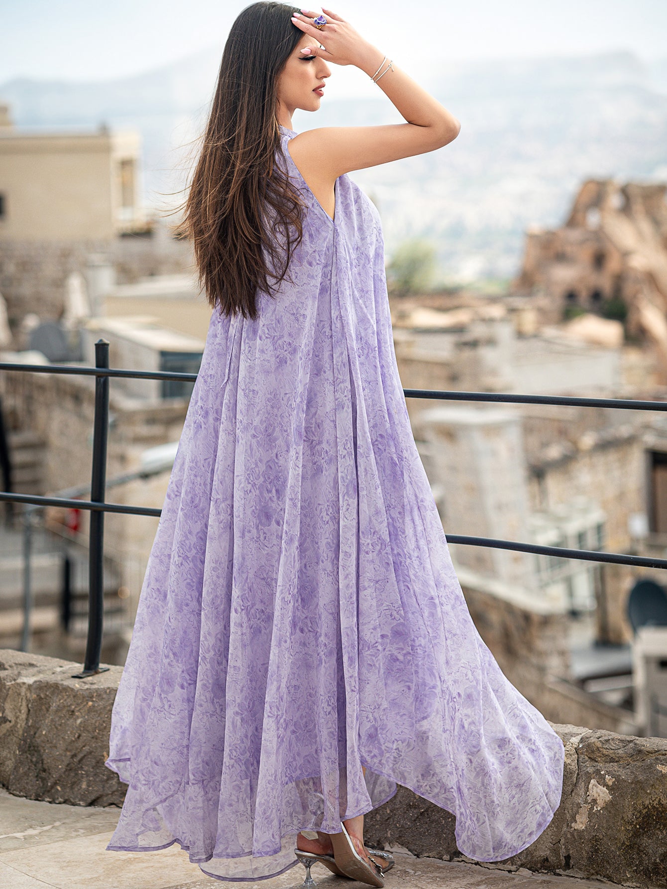 5001 Embroidered Arab Abaya Dress | Lilac Sleeveless Maxi with Sheer Cascading Hem