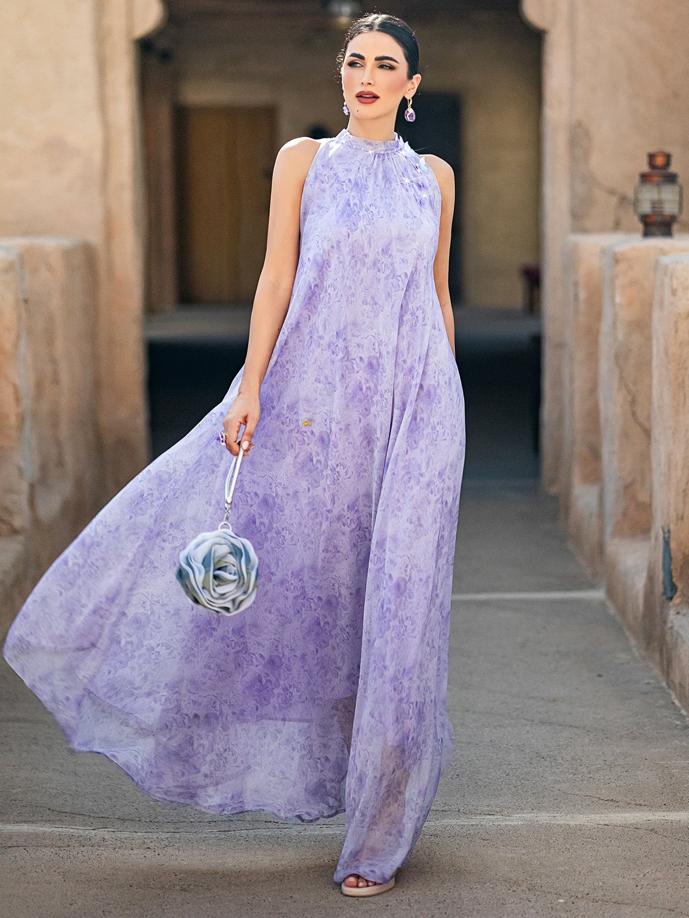 5001 Embroidered Arab Abaya Dress | Lilac Sleeveless Maxi with Sheer Cascading Hem