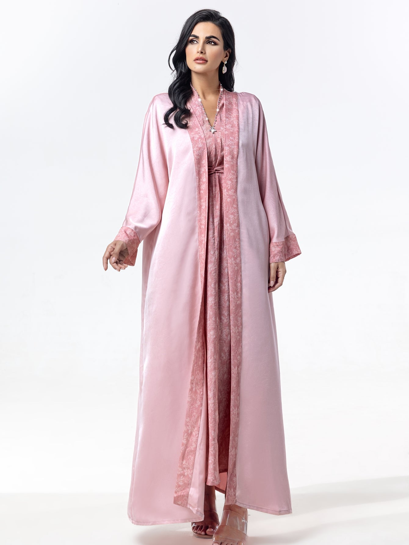 BA5031 Abaya set Satin Jacquard Open Front Coat with Comfortable, Breathable, Skin-Friendly Print Waist-Defining Dress Two-Piece Set