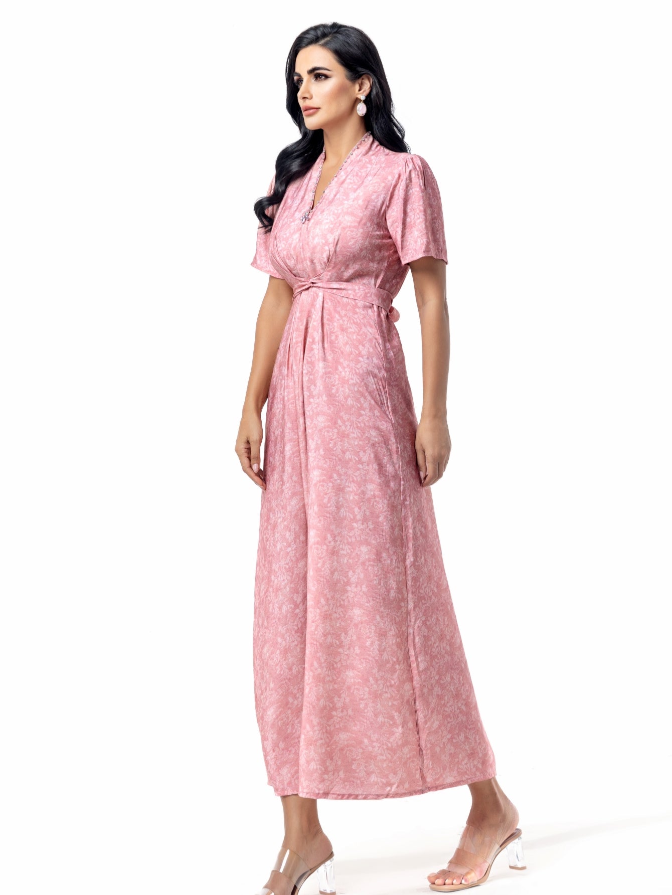 BA5031 Abaya set Satin Jacquard Open Front Coat with Comfortable, Breathable, Skin-Friendly Print Waist-Defining Dress Two-Piece Set