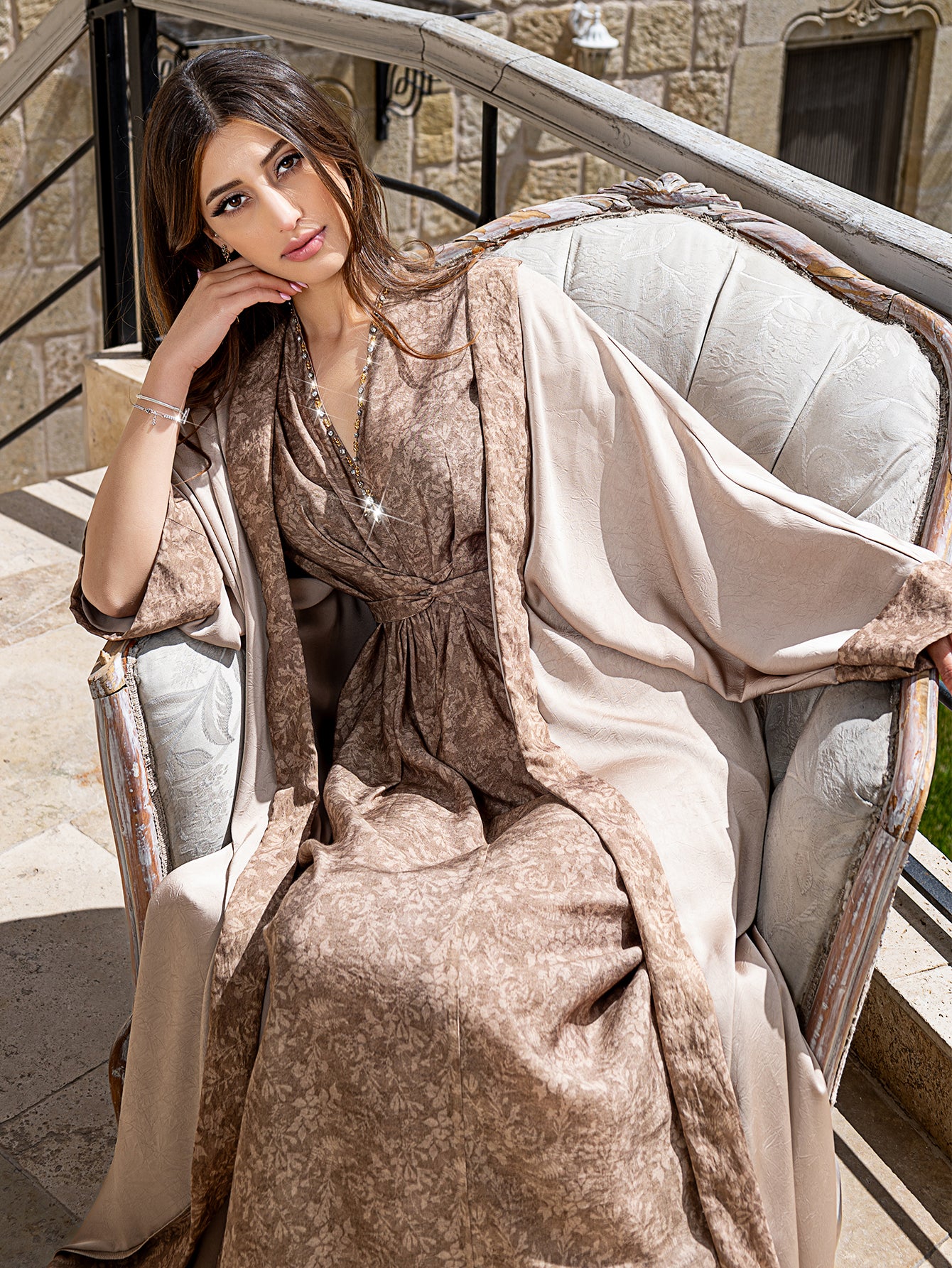 BA5031 Abaya set Satin Jacquard Open Front Coat with Comfortable, Breathable, Skin-Friendly Print Waist-Defining Dress Two-Piece Set