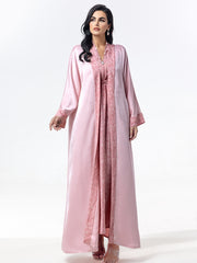 BA5031 Abaya set Satin Jacquard Open Front Coat with Comfortable, Breathable, Skin-Friendly Print Waist-Defining Dress Two-Piece Set