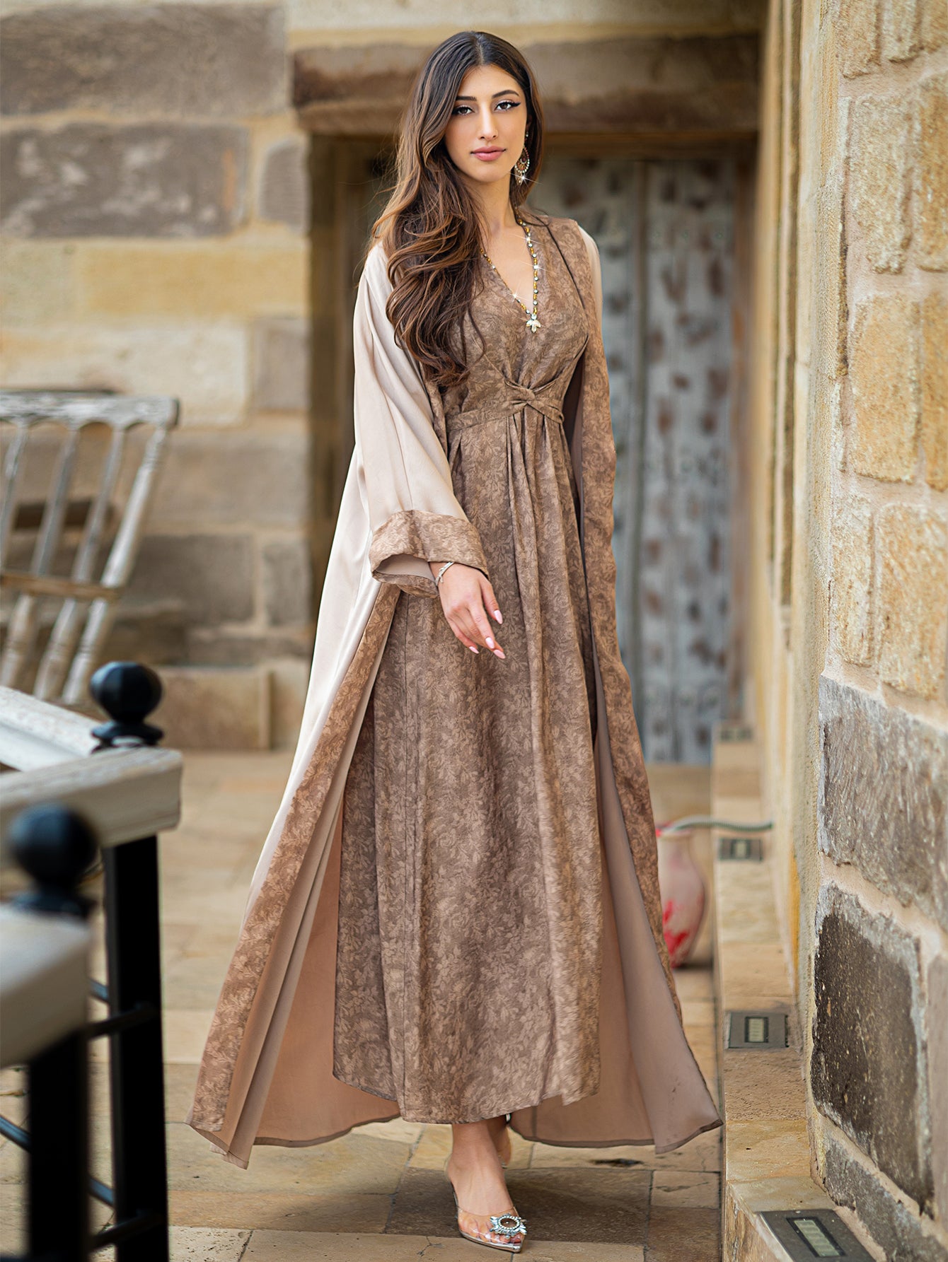 BA5031 Abaya set Satin Jacquard Open Front Coat with Comfortable, Breathable, Skin-Friendly Print Waist-Defining Dress Two-Piece Set