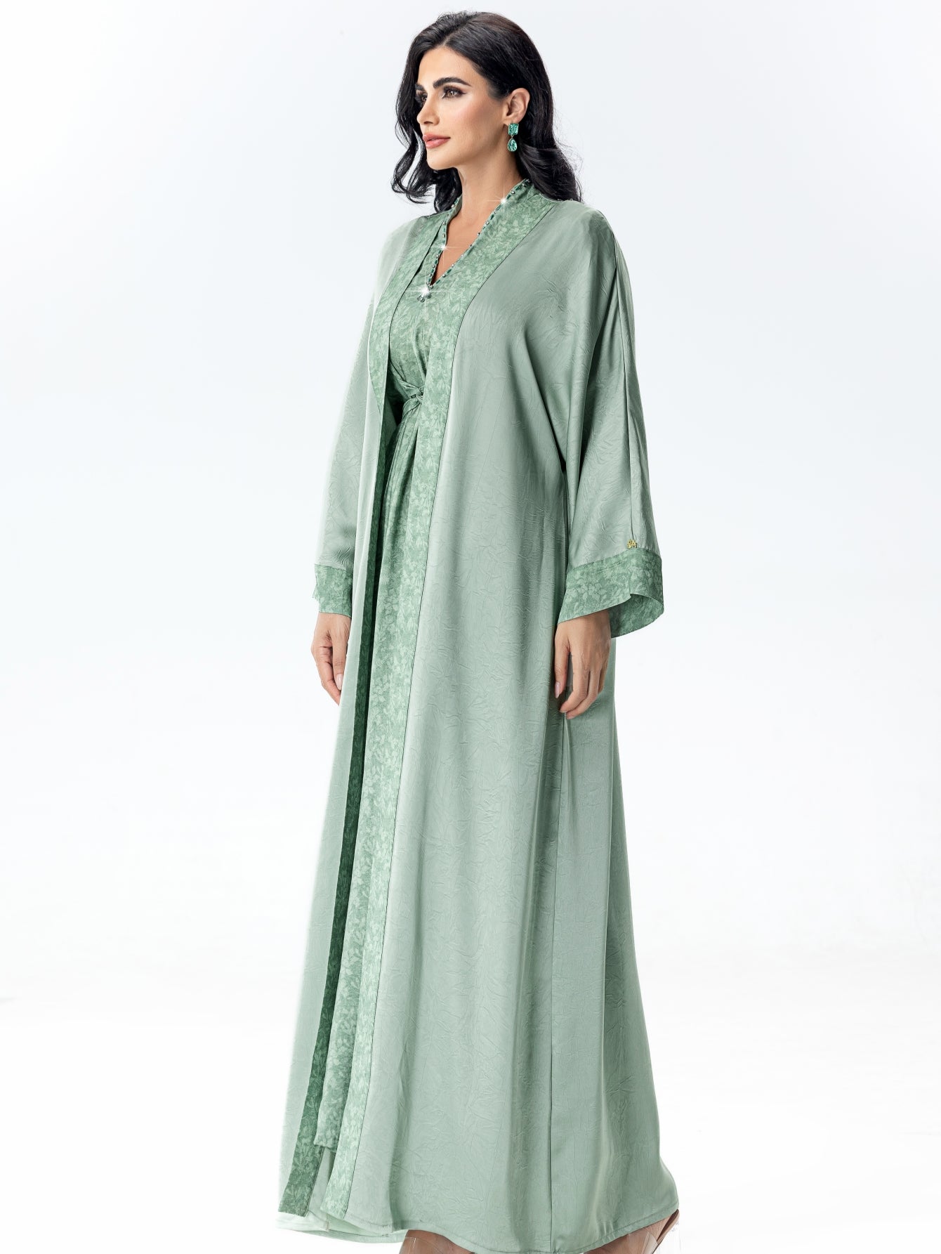BA5031 Abaya set Satin Jacquard Open Front Coat with Comfortable, Breathable, Skin-Friendly Print Waist-Defining Dress Two-Piece Set