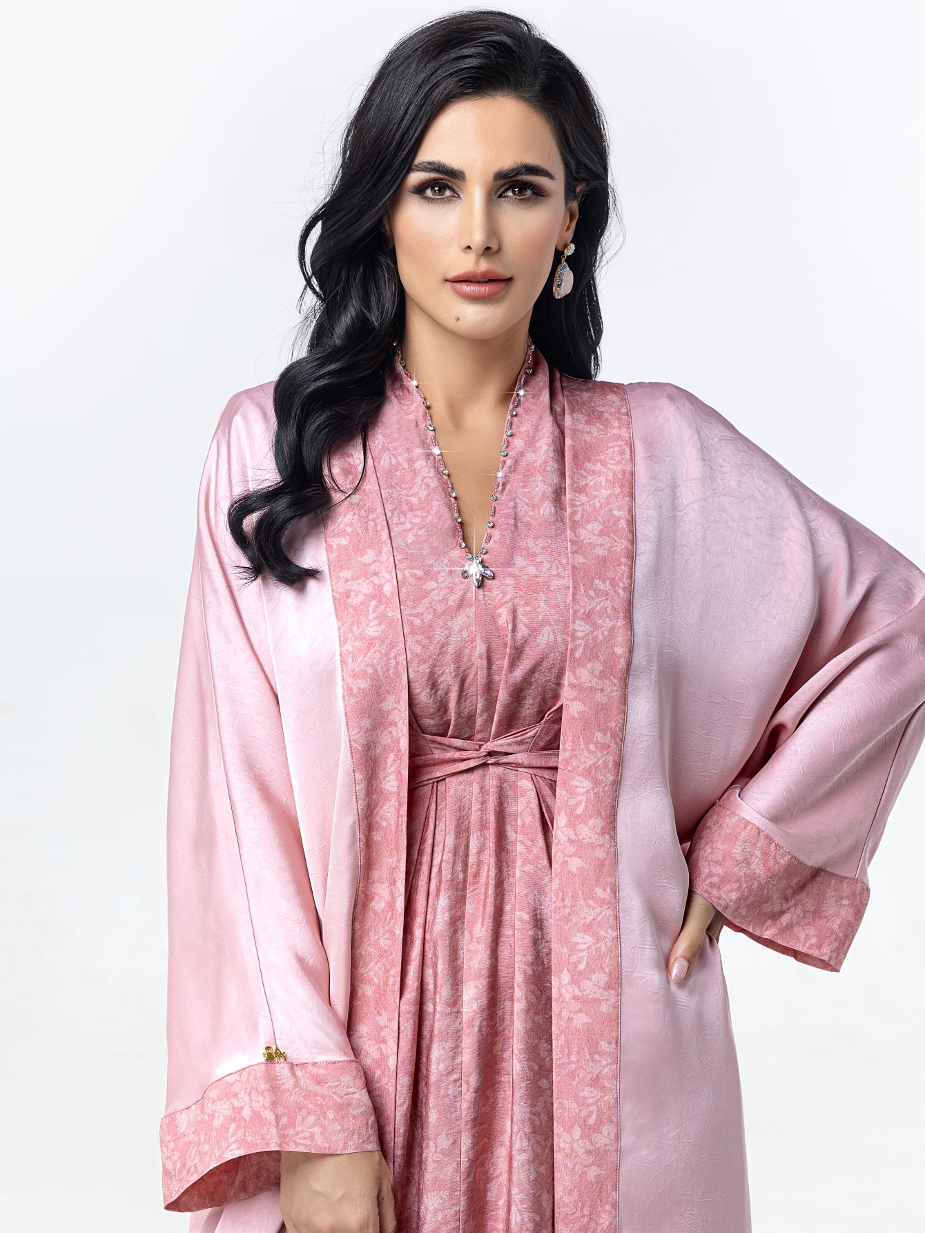 BA5031 Abaya set Satin Jacquard Open Front Coat with Comfortable, Breathable, Skin-Friendly Print Waist-Defining Dress Two-Piece Set