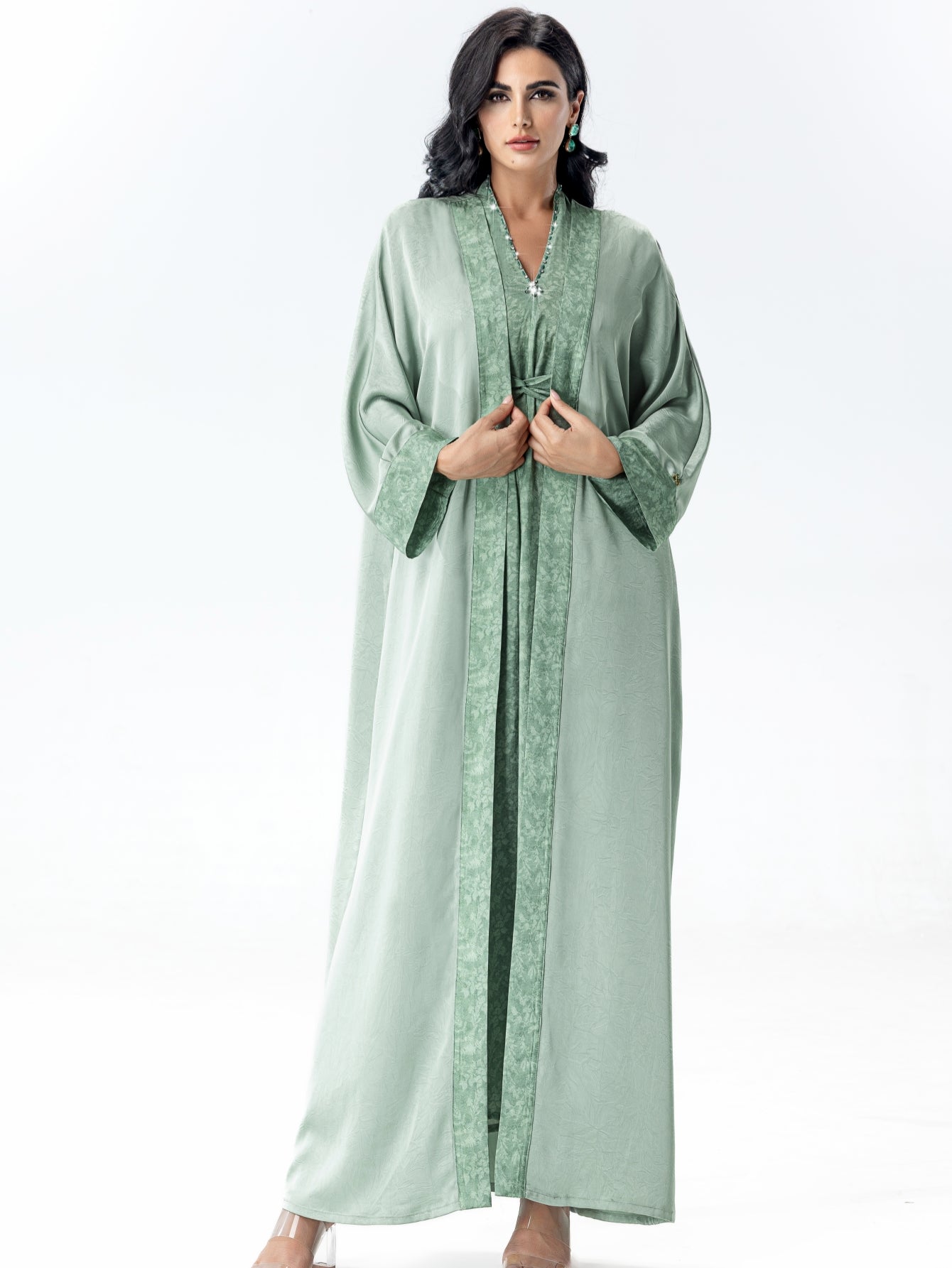 BA5031 Abaya set Satin Jacquard Open Front Coat with Comfortable, Breathable, Skin-Friendly Print Waist-Defining Dress Two-Piece Set