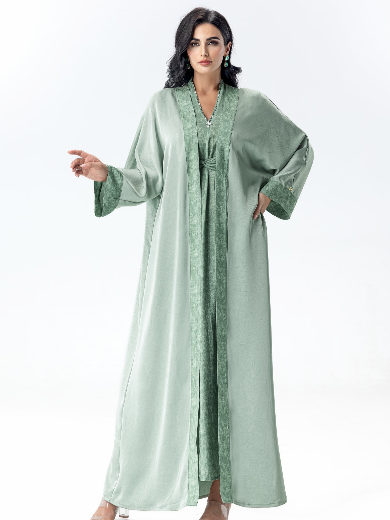 BA5031 Abaya set Satin Jacquard Open Front Coat with Comfortable, Breathable, Skin-Friendly Print Waist-Defining Dress Two-Piece Set