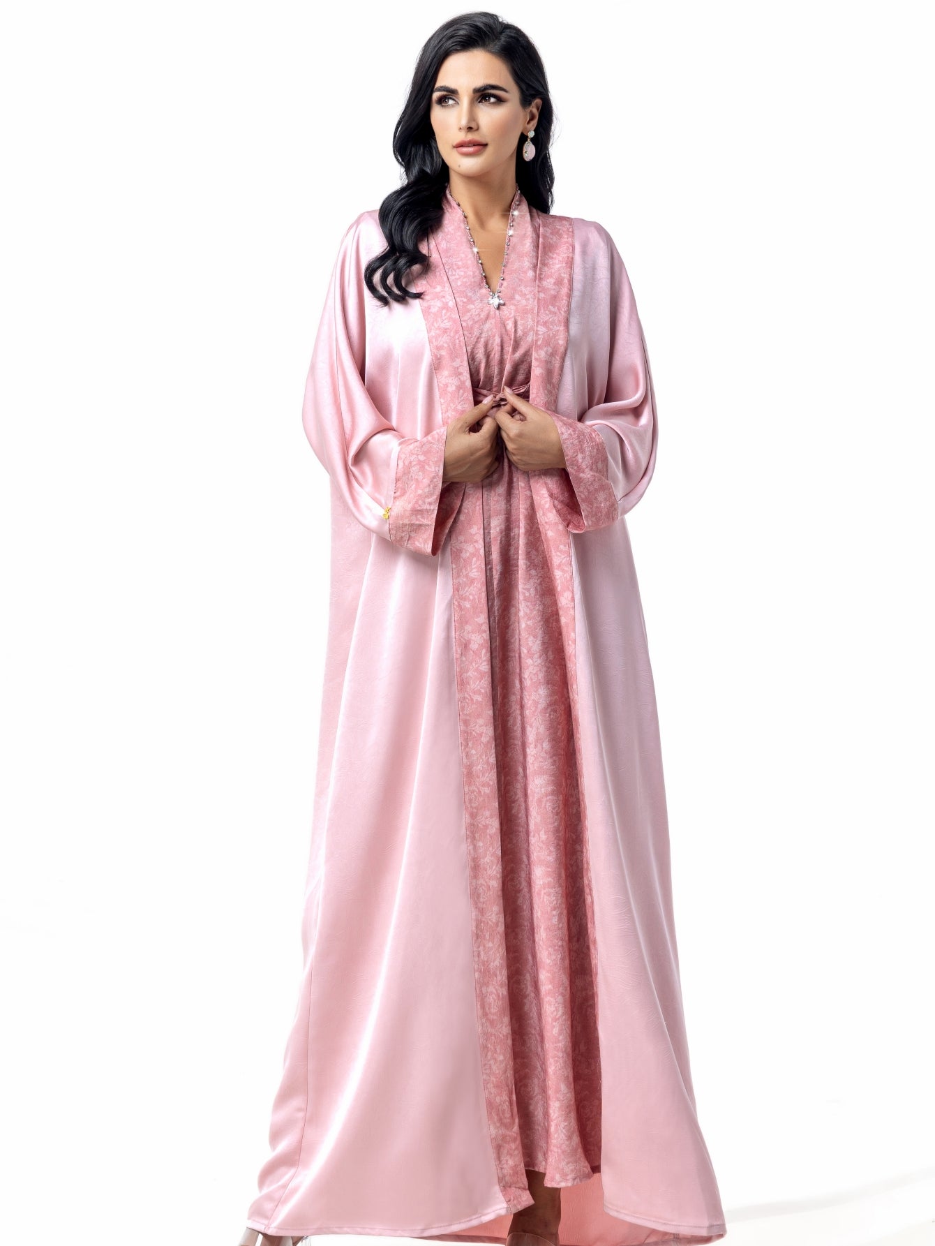 BA5031 Abaya set Satin Jacquard Open Front Coat with Comfortable, Breathable, Skin-Friendly Print Waist-Defining Dress Two-Piece Set