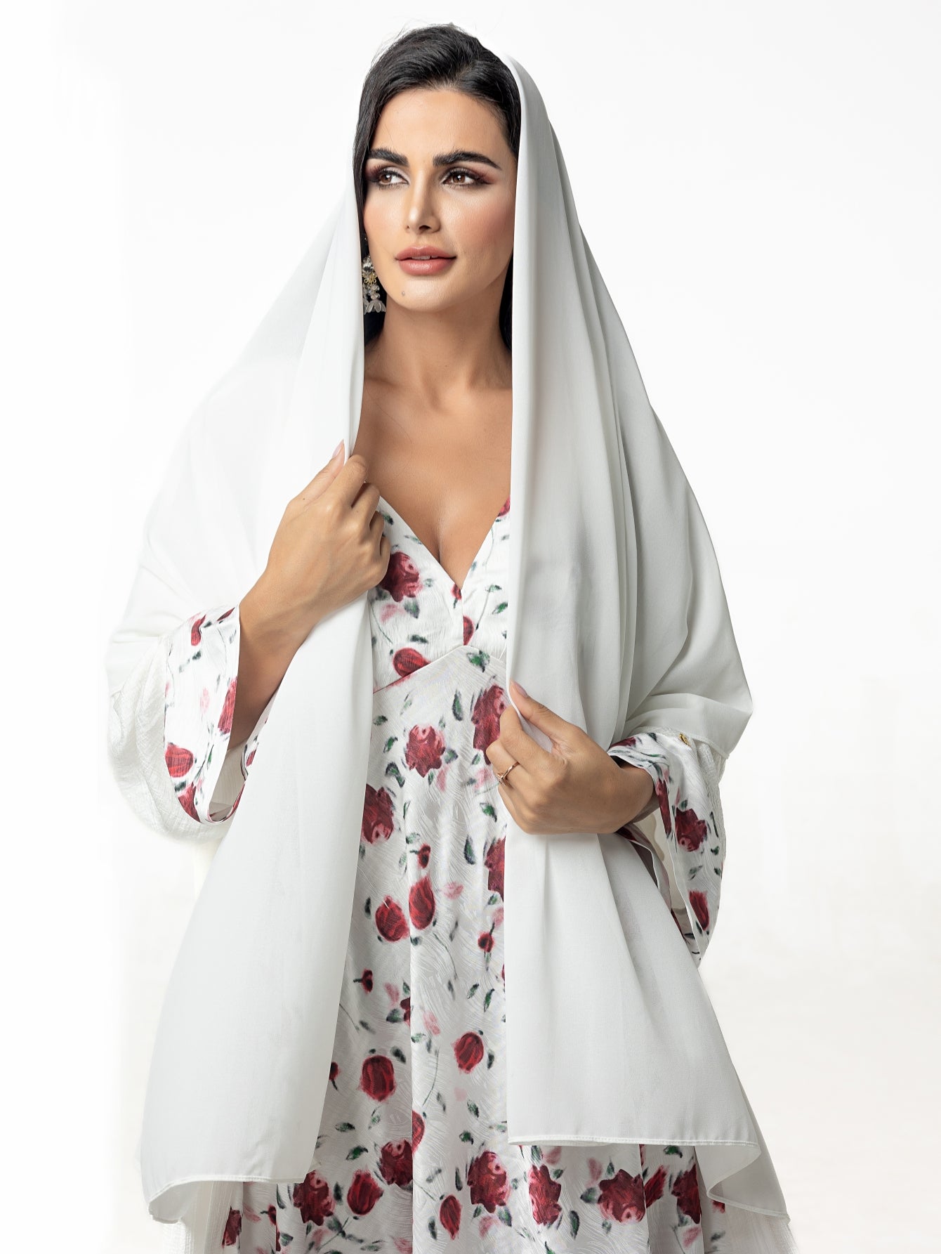 BA5101 abaya set Embroidered Print Flared Maxi Dress with Textured Cotton-Silk Blend, Open Front Robe, and Headscarf Three-Piece Set